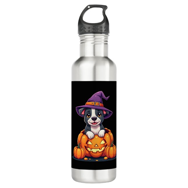 Botella De Agua Funny Pitbull Witch Pumpkin Dog Halloween Mens Wom (Anverso)