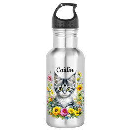 Botella De Agua Gatito acuarela en flores amarillas personalizadas