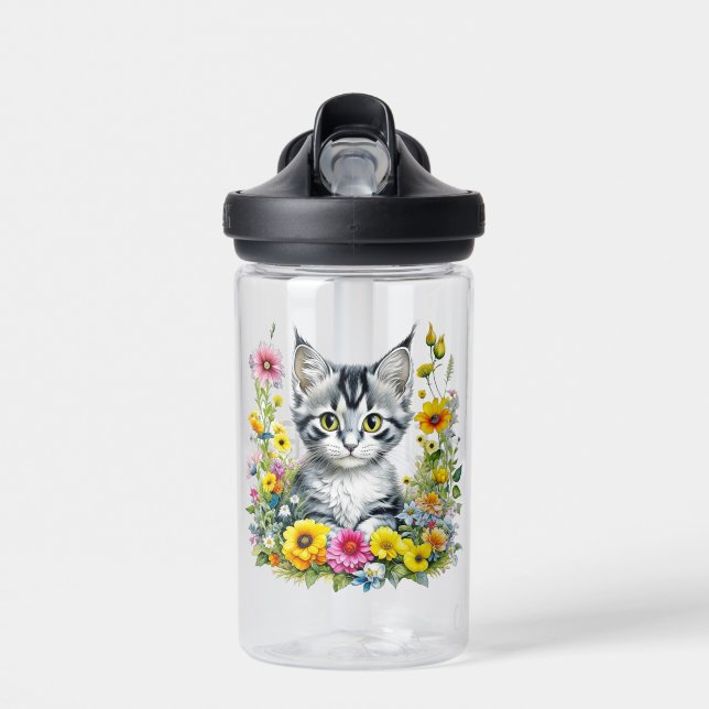Botella De Agua Gatito acuarela en flores amarillas personalizadas (Delante)