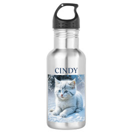 Botella De Agua Gatito blanco esponjoso y personalizado en nieve