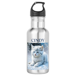 Botella De Agua Gatito blanco esponjoso y personalizado en nieve