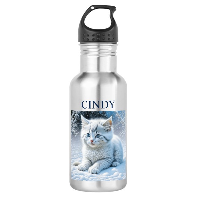 Botella De Agua Gatito blanco esponjoso y personalizado en nieve (Anverso)