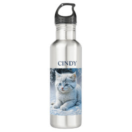 Botella De Agua Gatito blanco esponjoso y personalizado en nieve