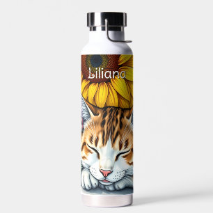 Botella De Agua Gatito Dulce Dormilón Personalizado con Girasoles