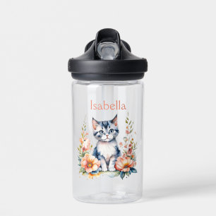 Botella De Agua Gatito gris personalizado en flores rosadas