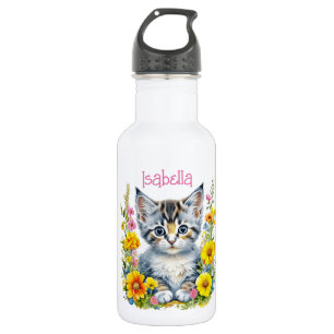 Botella De Agua Gatito gris personalizado y flores acuarela