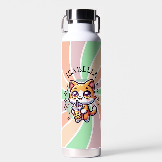 Botella De Agua Gatito kawaii con té de burbuja personalizado (Delantero)