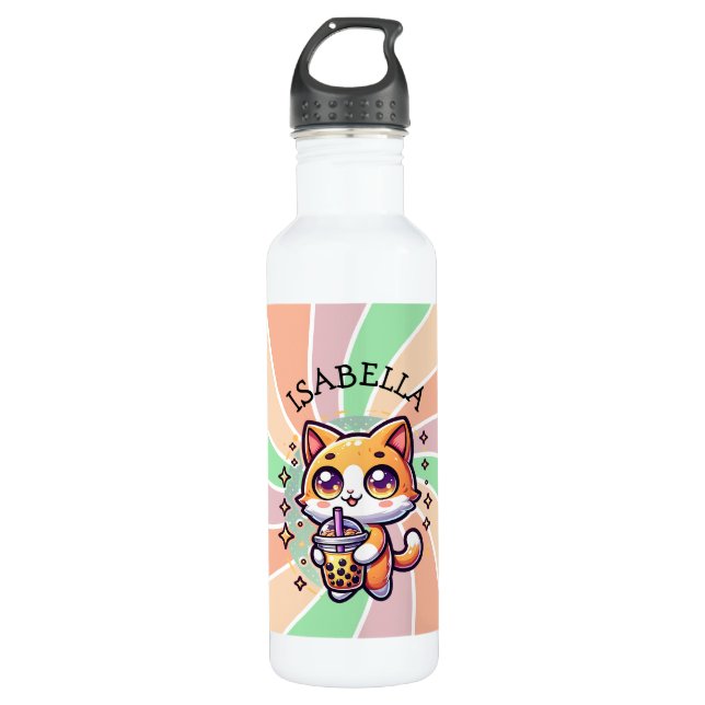 Botella De Agua Gatito kawaii con té de burbuja personalizado (Anverso)