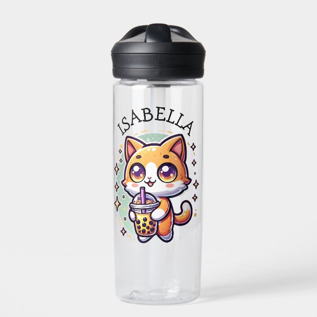 Botella De Agua Gatito kawaii con té de burbuja personalizado (Delante)