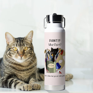 Botella De Agua Gatito negro Pincel Tarro Artista Gato Rosa
