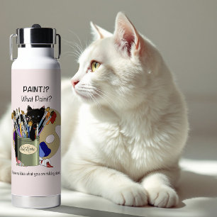 Botella De Agua Gatito negro Pincel Tarro Artista Gato Rosa