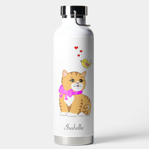 Botella De Agua Gato atigrado lindo y pajarito