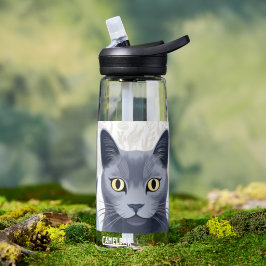 Botella De Agua Gato Azul Ruso Flores Amarillas