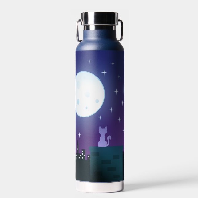 Botella De Agua Gato Bajo La Luz De La Luna (Delantero)