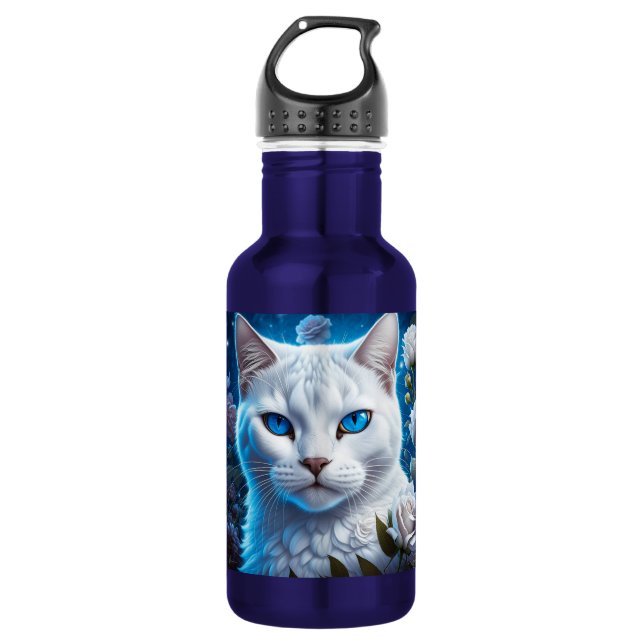 Botella De Agua Gato blanco con ojos azules brillantes florales (Anverso)