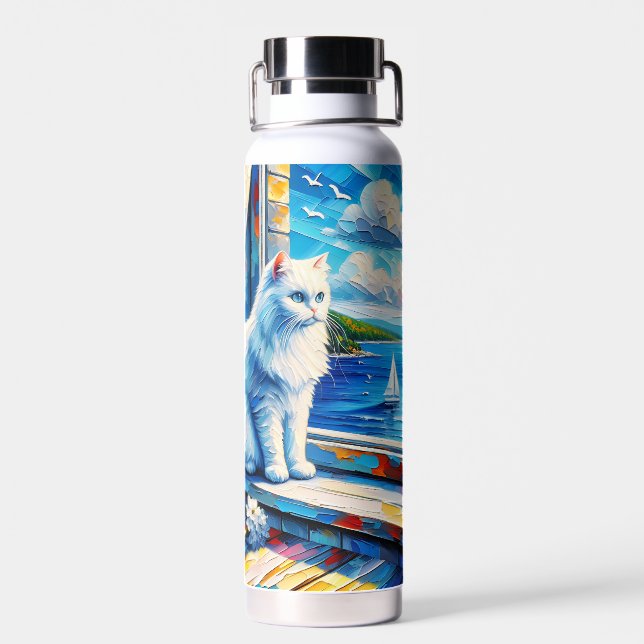 Botella De Agua Gato blanco en el umbral de la ventana mirando hac (Atrás)