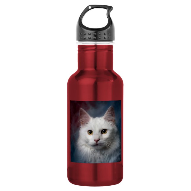 Botella De Agua Gato blanco turco angora rojo azul (Anverso)