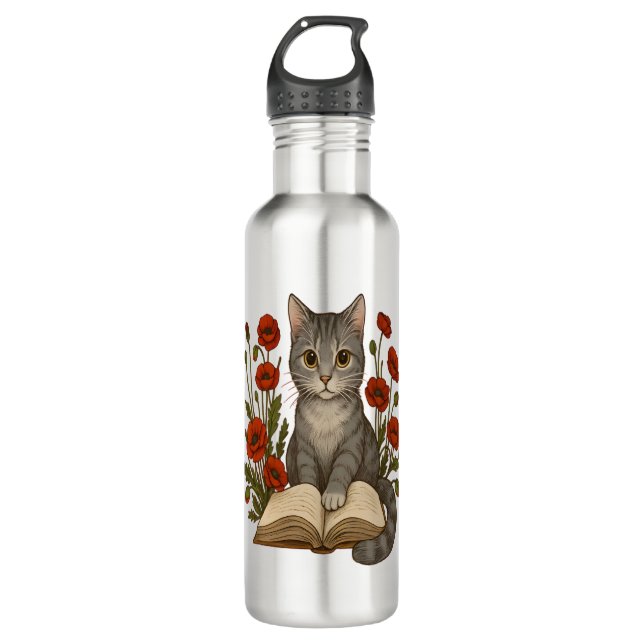 Botella De Agua Gato Bookish - Gato de lectura tierno con cachorro (Anverso)