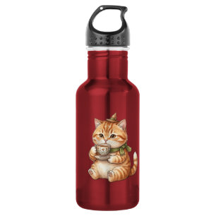 Botella De Agua Gato brujo lindo bebiendo té Acuarela vintage Ar
