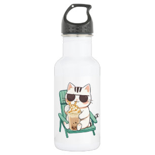 Botella De Agua Gato Chibi Kawaii con Gafas de Sol Bebiendo Frappè