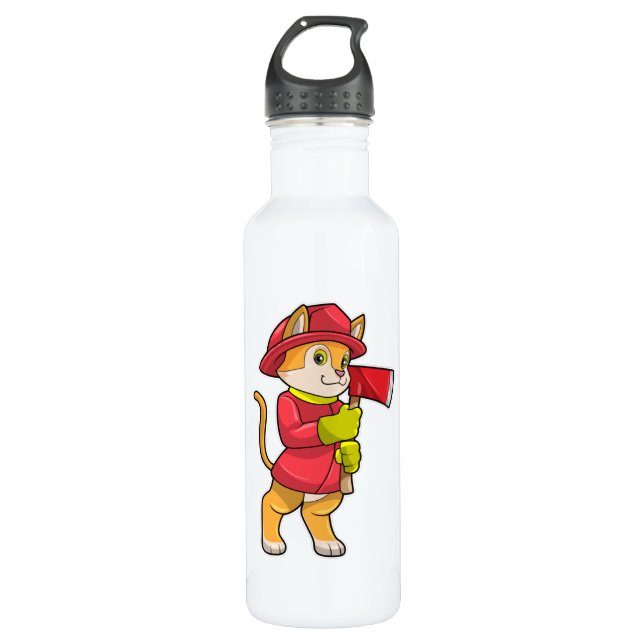 Botella De Agua Gato como bombero con hacha (Anverso)
