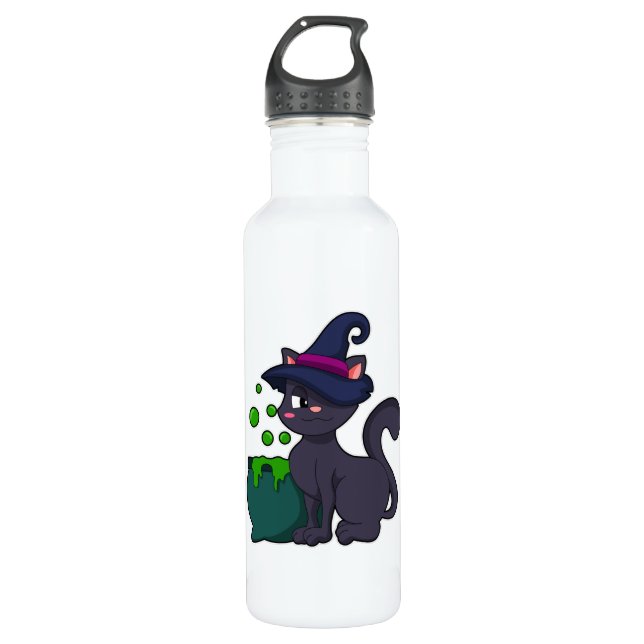 Botella De Agua Gato como bruja con Cauldron (Anverso)