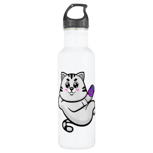 Botella De Agua Gato como culturista con dumbbell (Anverso)