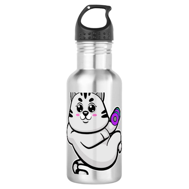 Botella De Agua Gato como culturista con dumbbell (Anverso)