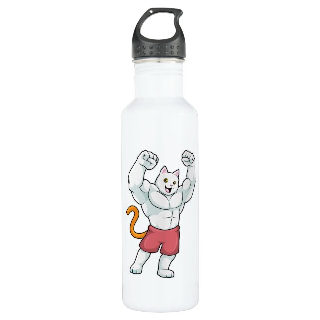 Botella De Agua Gato como culturista con músculos grandes (Anverso)
