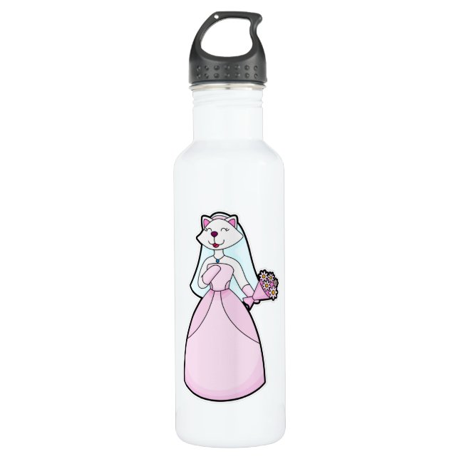 Botella De Agua Gato como Novia con Ramo de Flores (Anverso)
