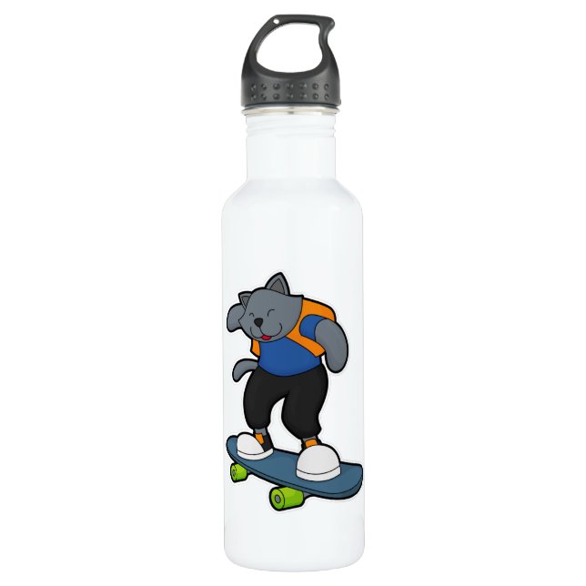 Botella De Agua Gato como Skateboarder con Skateboard (Anverso)