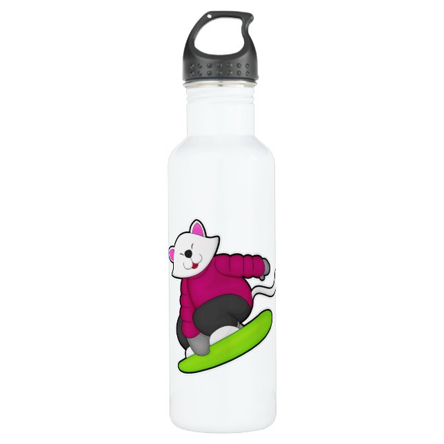 Botella De Agua Gato como snowboarder con Snowboard (Anverso)