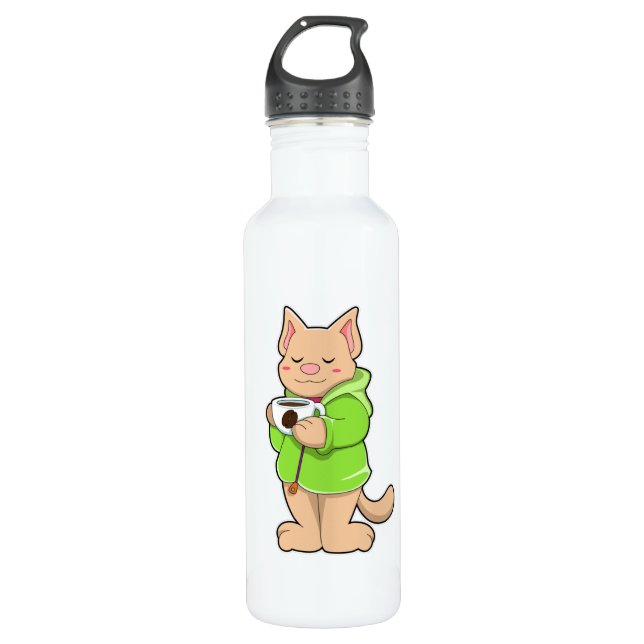 Botella De Agua Gato con taza de café y pijamas (Anverso)