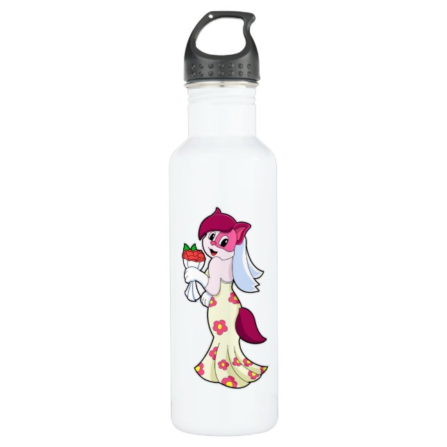 Botella De Agua Gato con vestido Boda y manto de flores (Anverso)