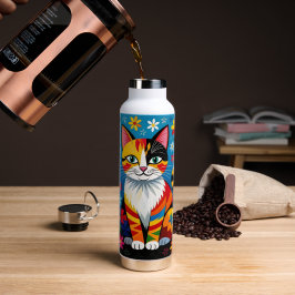 Botella De Agua Gato de arte popular boho, flores y mariposa