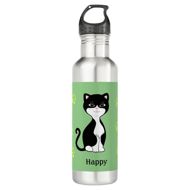Botella De Agua Gato de esmoquín feliz con verde claro (Anverso)