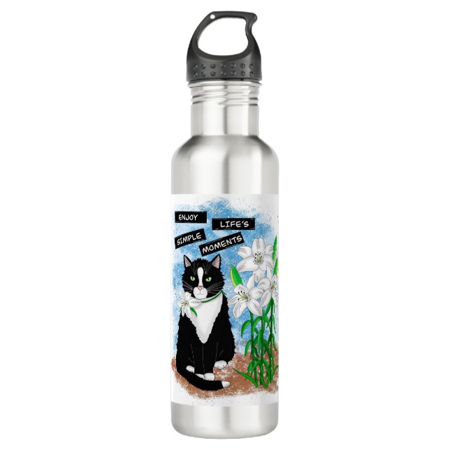 Botella De Agua Gato de Tuxedo y Lilies | Oferta Inspiradora (Anverso)