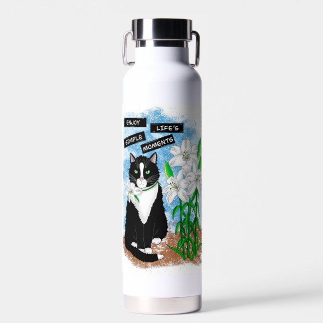 Botella De Agua Gato de Tuxedo y Lilies | Oferta Inspiradora (Delantero)