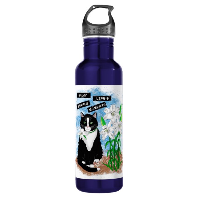 Botella De Agua Gato de Tuxedo y Lilies | Oferta Inspiradora (Anverso)