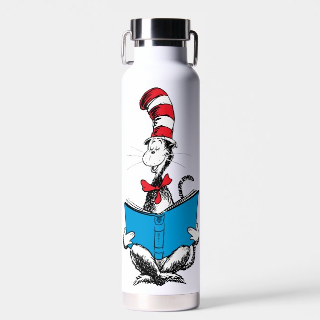 Botella De Agua Gato en el sombrero leyendo (Delantero)