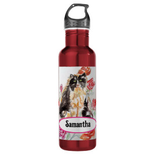 Botella De Agua Gato esmoquin rosas flores gatos acuarela rosa