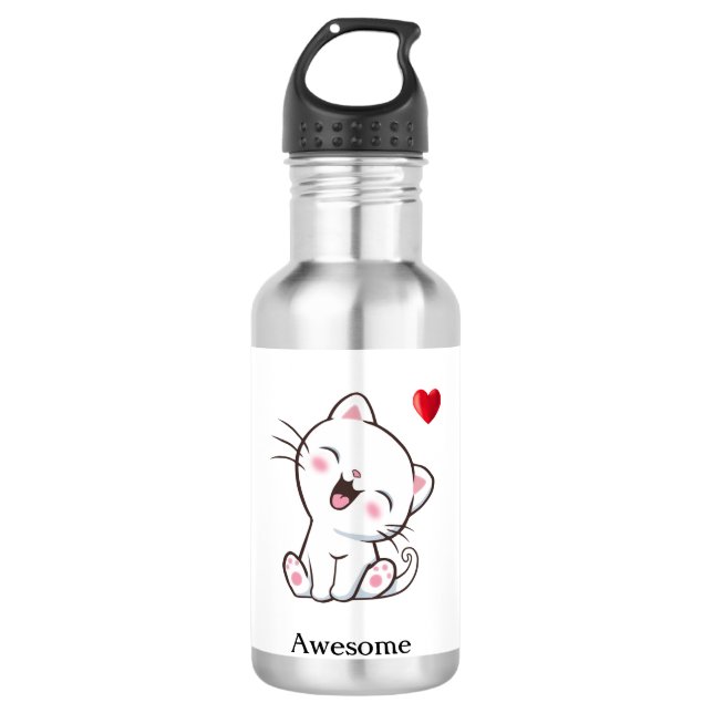 Botella De Agua Gato Gatito Lindo & Corazón (Anverso)