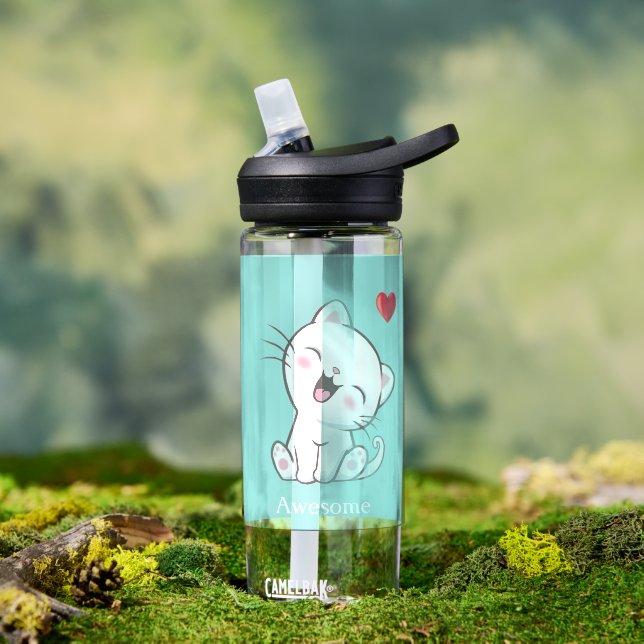 Botella De Agua Gato gatito lindo & corazón en azul claro (Exterior)