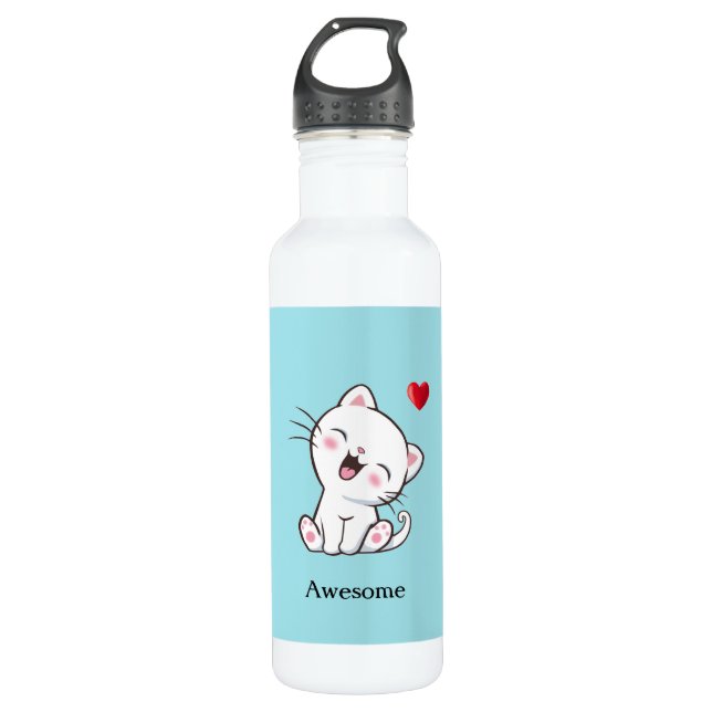 Botella De Agua Gato gatito y corazón gatito en azul claro (Anverso)