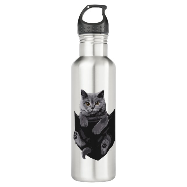 Botella De Agua Gato Gris Británico En Gatos De Bolsillo (Anverso)