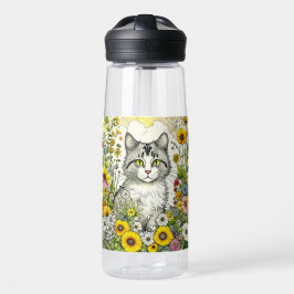 Botella De Agua Gato gris y blanco gitano sentado en flores