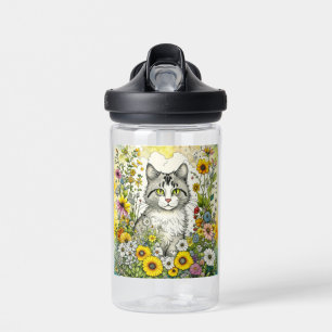 Botella De Agua Gato gris y blanco gitano sentado en flores
