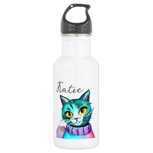 Botella De Agua Gato kitsch azul personalizado personalizado