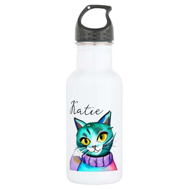 Botella De Agua Gato kitsch azul personalizado personalizado (Anverso)