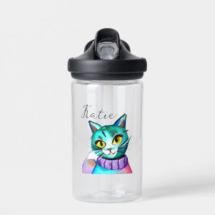 Botella De Agua Gato kitsch azul personalizado personalizado
